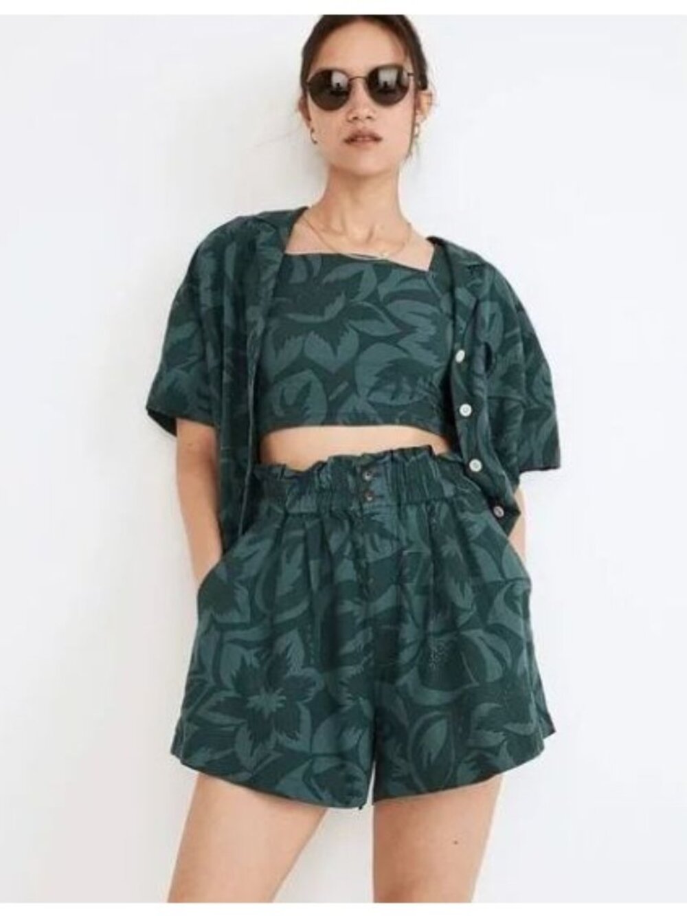Madewell Dark Green Tropicale Floral Linen-Blend Pull-On Paperbag Shorts S - Picture 2 of 6
